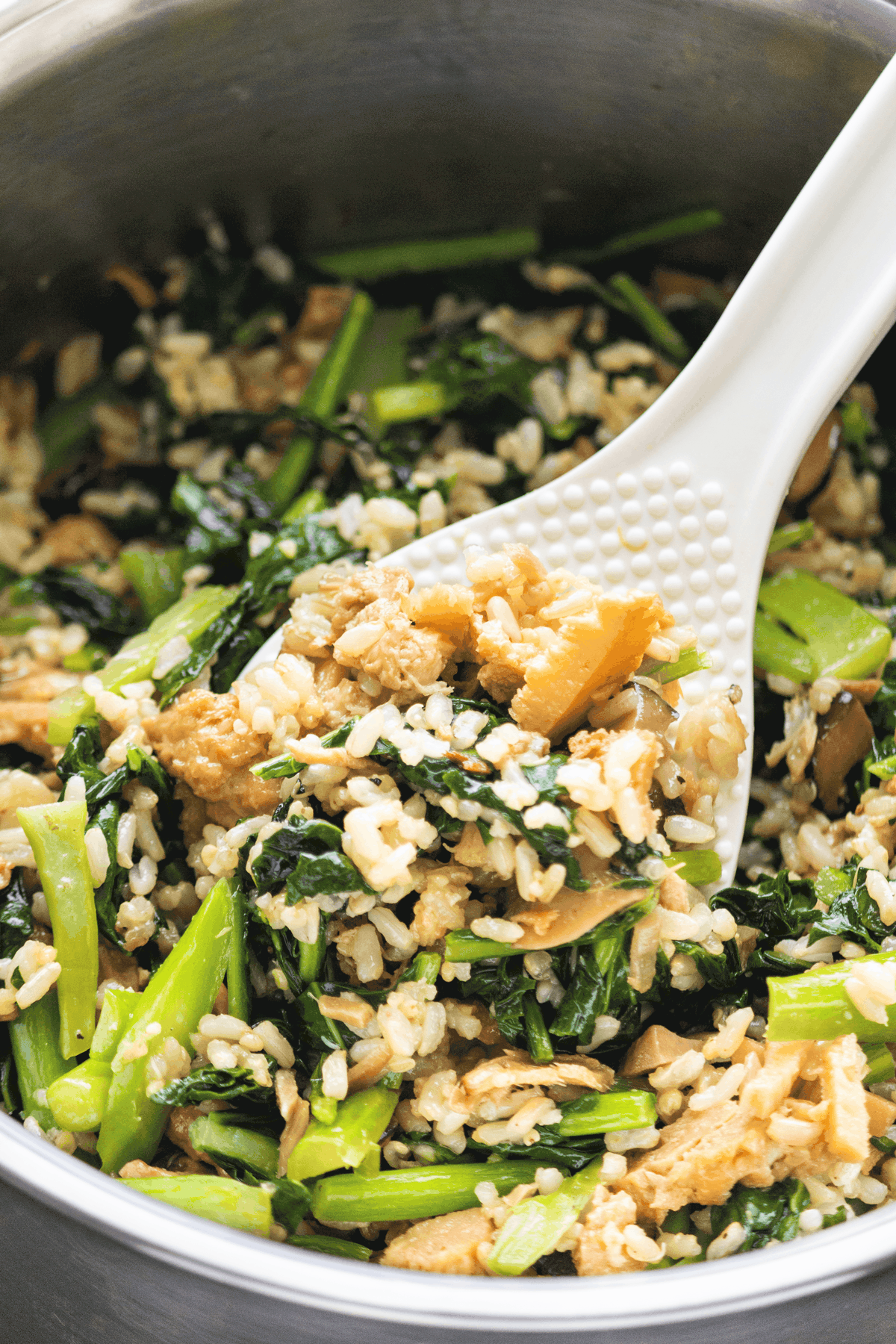 Rice Cooker Rice with Mushrooms and Chinese Broccoli